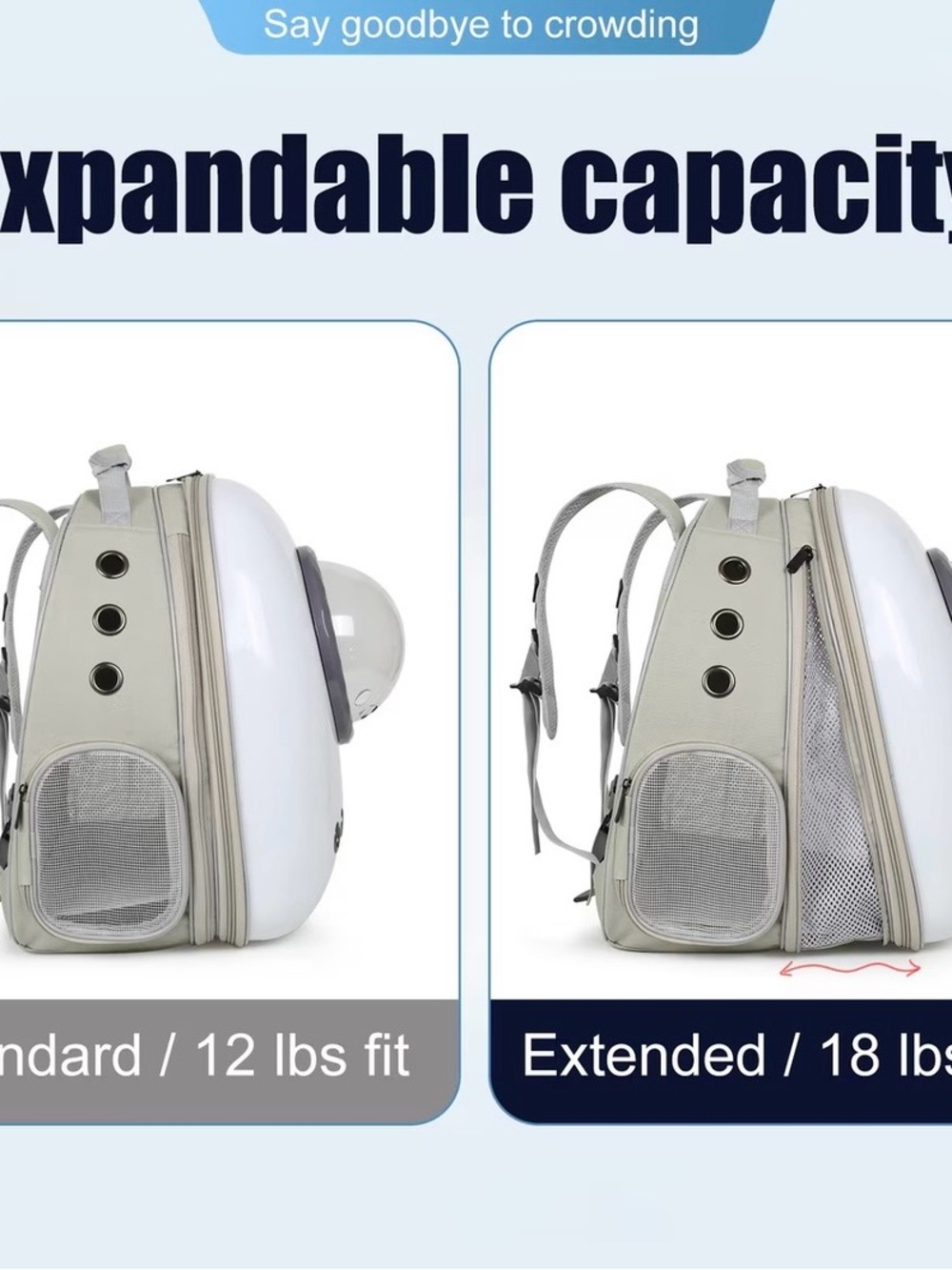Expandable Bubble Pet Carrier Backpack in Light Gray & White - Picture 2 of 16
